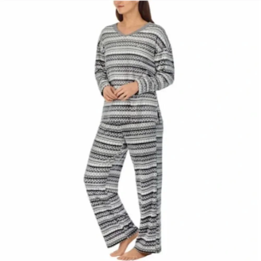 Nautica Ladies 2-piece Soft Fleece‎ Pajamas Set, Gray Fair-Isle XS #340M
